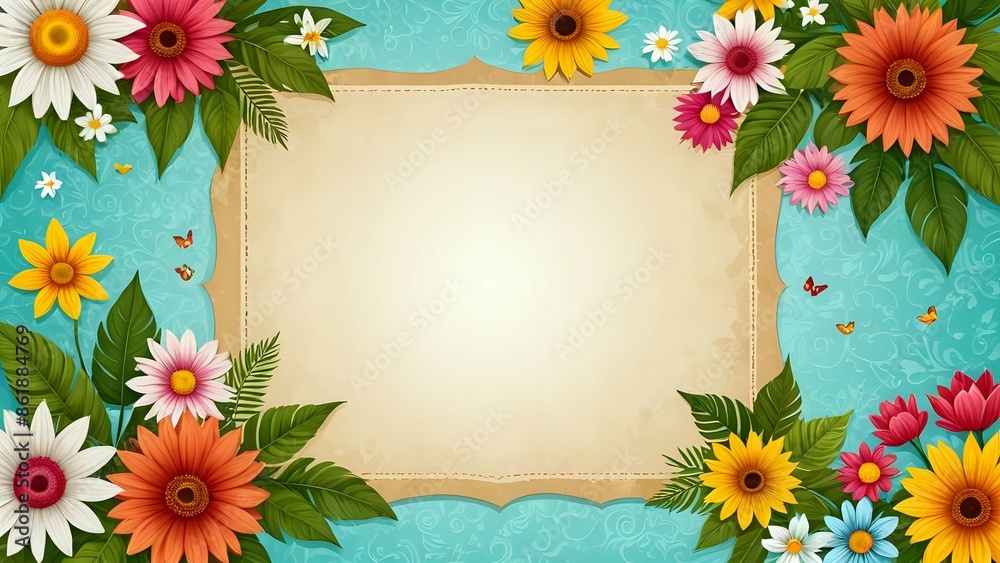Obraz premium Summer background frame with blank paper texture in the middle and floral elements in retro style