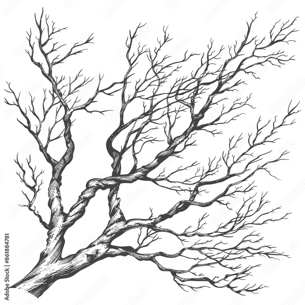 Fototapeta premium Bare Tree Branches, Pen and Ink Sketch, Twisted Trunk Detail, Winter Landscape Element