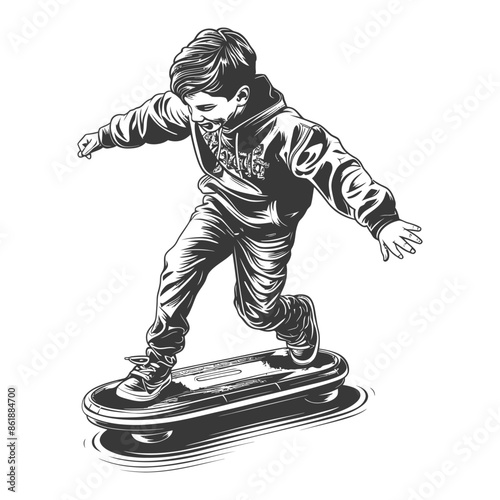 Monochrome Skateboarder Boy: Energetic Vintage Style Illustration.
