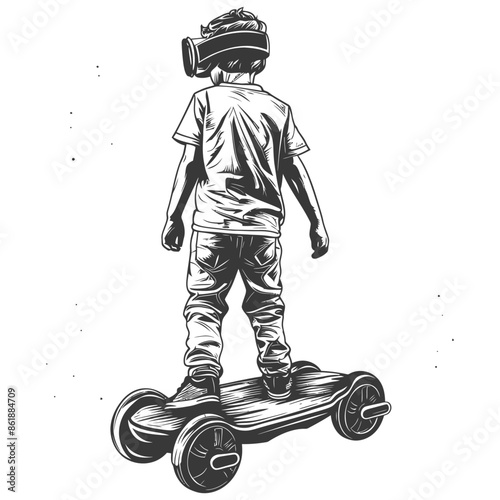 Monochrome VR Boy on Caster Board: Future Tech Illustration.