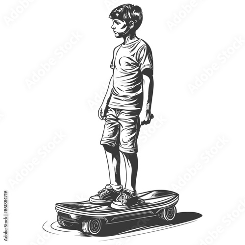 Boy on Skateboard, Vintage Etching Style, Youthful Contemplation, Retro Skateboarding.