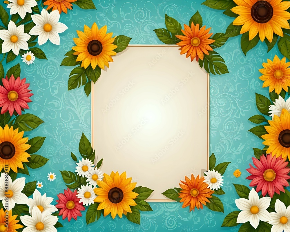 Obraz premium Summer background frame with blank paper texture in the middle and floral elements in retro style