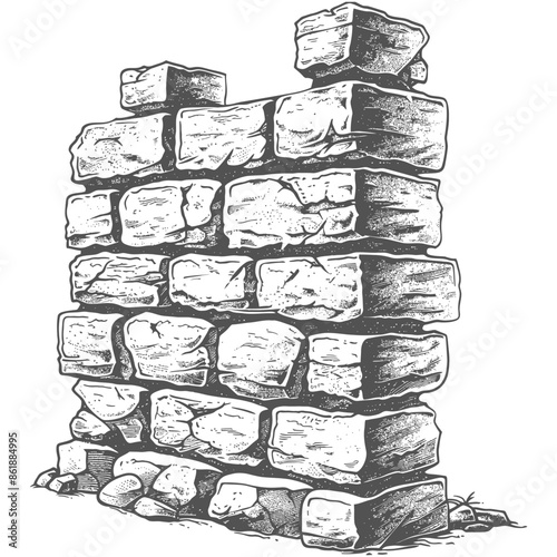 Hand-drawn Sketch of a Crumbling Stone Wall: Architectural Detail, Rough Texture, Graphic Element.