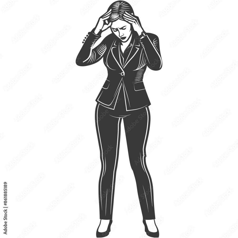 businesswoman holding headache in pain with engraving style black color only businesswoman holding headache in pain with engraving style black color only