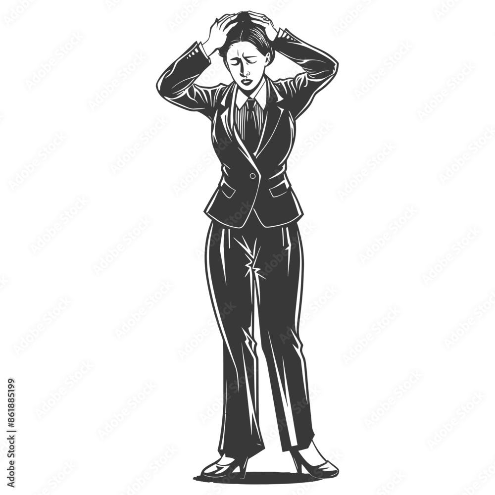 businesswoman holding headache in pain with engraving style black color only businesswoman holding headache in pain with engraving style black color only