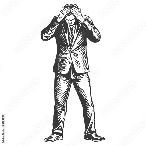 Etched Businessman: Despair, Stress, and Failure in Monochrome.