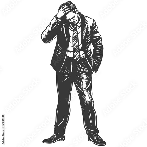 Engraved Businessman Head in Hand, Defeated, Monochrome Vector Illustration