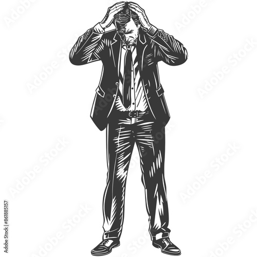 Engraved businessman in suit with head in hands, frustration and despair sketch.