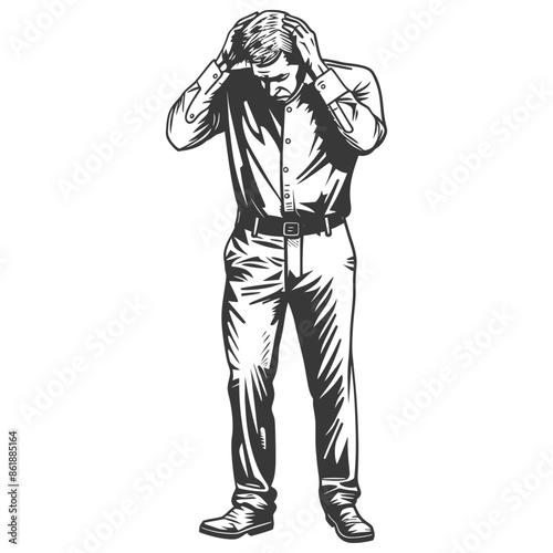 Engraved Man Holding Head in Despair, Button-Down Shirt, Full Body, Isolated on White.