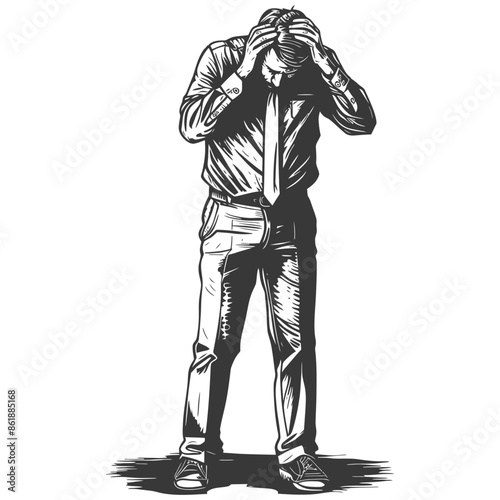 Line Art of Overwhelmed Businessman: Hands on Head, Despair, Anxiety.