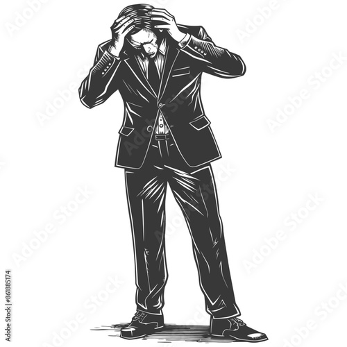 Distressed Businessman Illustration: Hands on Head, Anguish, Corporate Pressure.
