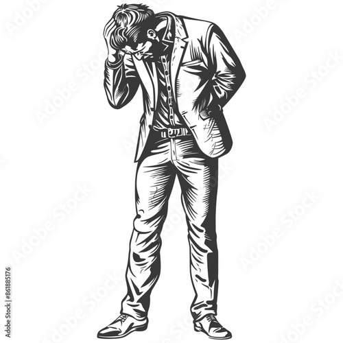 Distressed Businessman: Etched Worry, Hand on Head, Crisis Concept