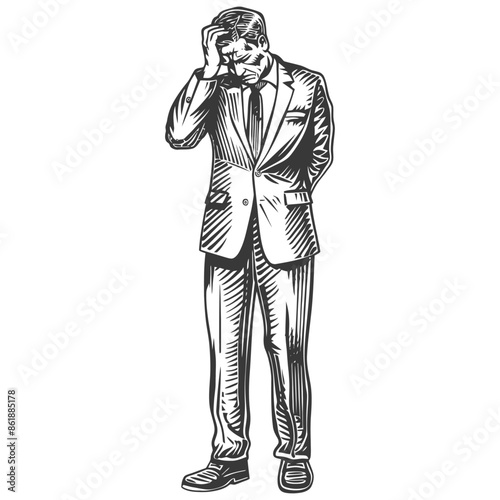 Etched Businessman: Anguished, Hand on Head, Despair in Suit, Vintage Style.