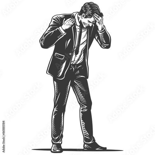 businessman holding headache in pain with engraving style black color only