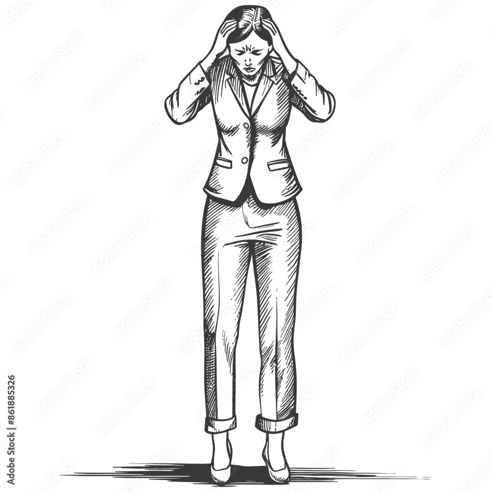 businesswoman holding headache in pain with engraving style black color only businesswoman holding headache in pain with engraving style black color only