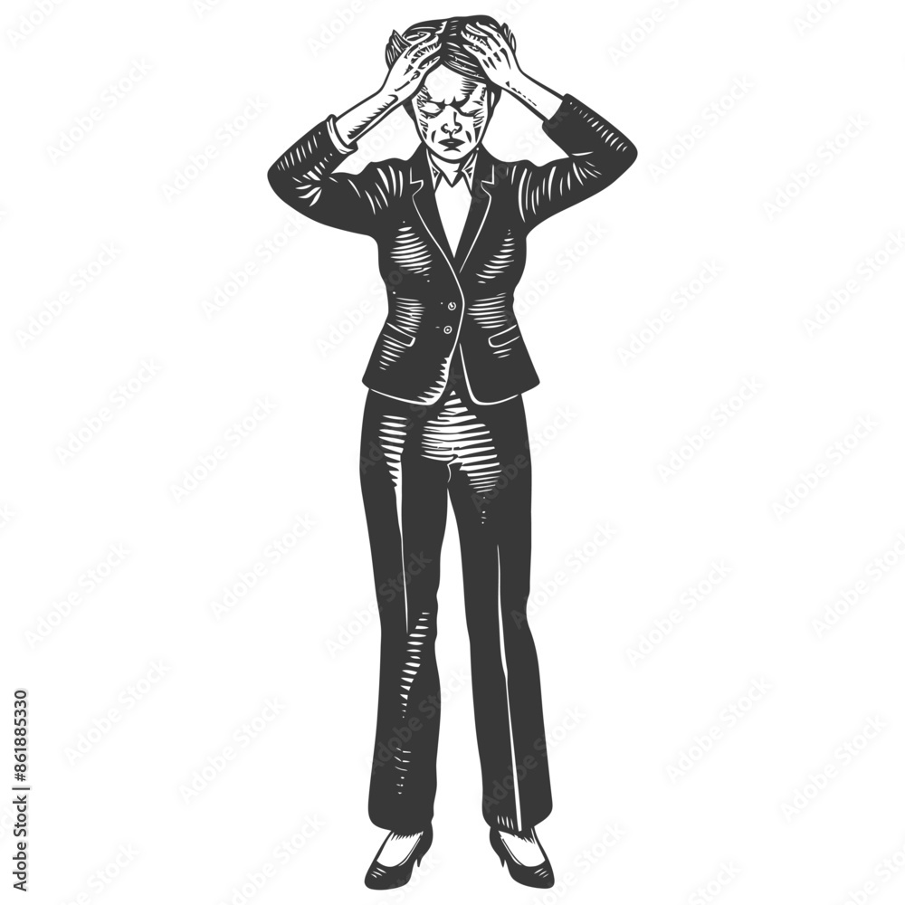 businesswoman holding headache in pain with engraving style black color only businesswoman holding headache in pain with engraving style black color only
