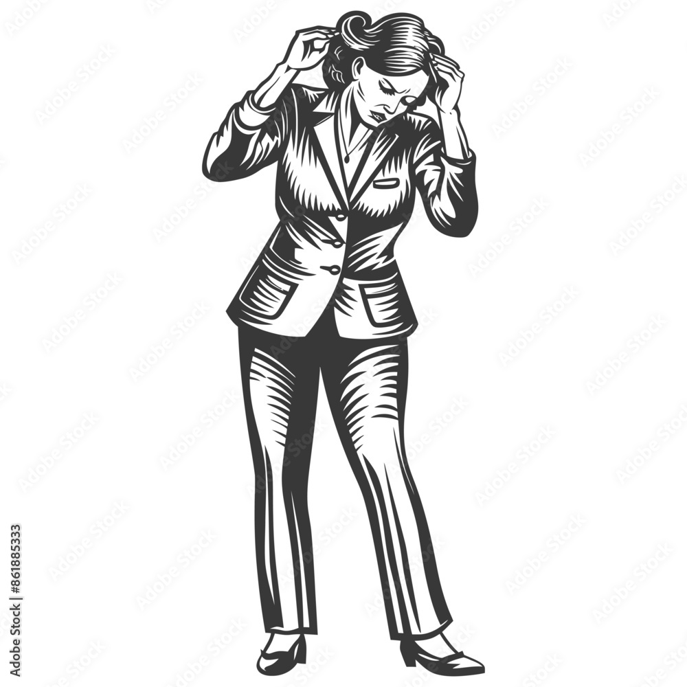 businesswoman holding headache in pain with engraving style black color only businesswoman holding headache in pain with engraving style black color only