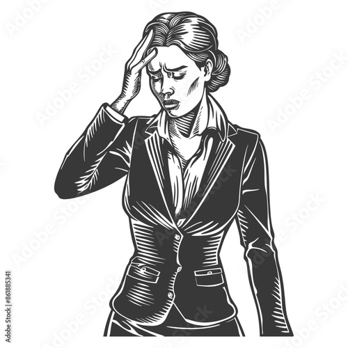 businesswoman holding headache in pain with engraving style black color only