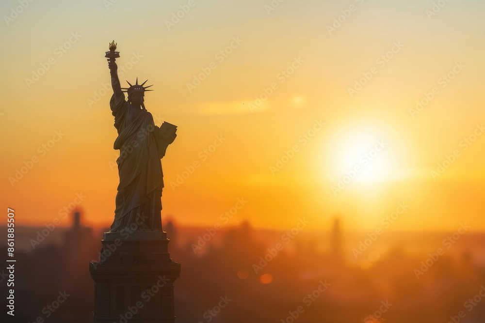 Statue of liberty at sunset in new york city, usa with manhattan skyline in the background Statue of liberty at sunset in new york city, usa with manhattan skyline in the background