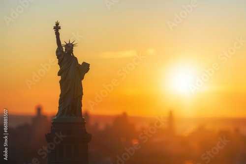 Statue of liberty at sunset in new york city, usa with manhattan skyline in the background