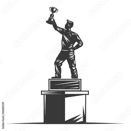 champion standing on a winner podium holding the trophy