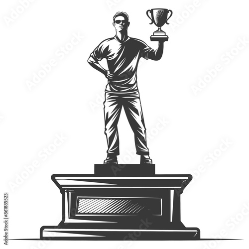 champion standing on a winner podium holding the trophy