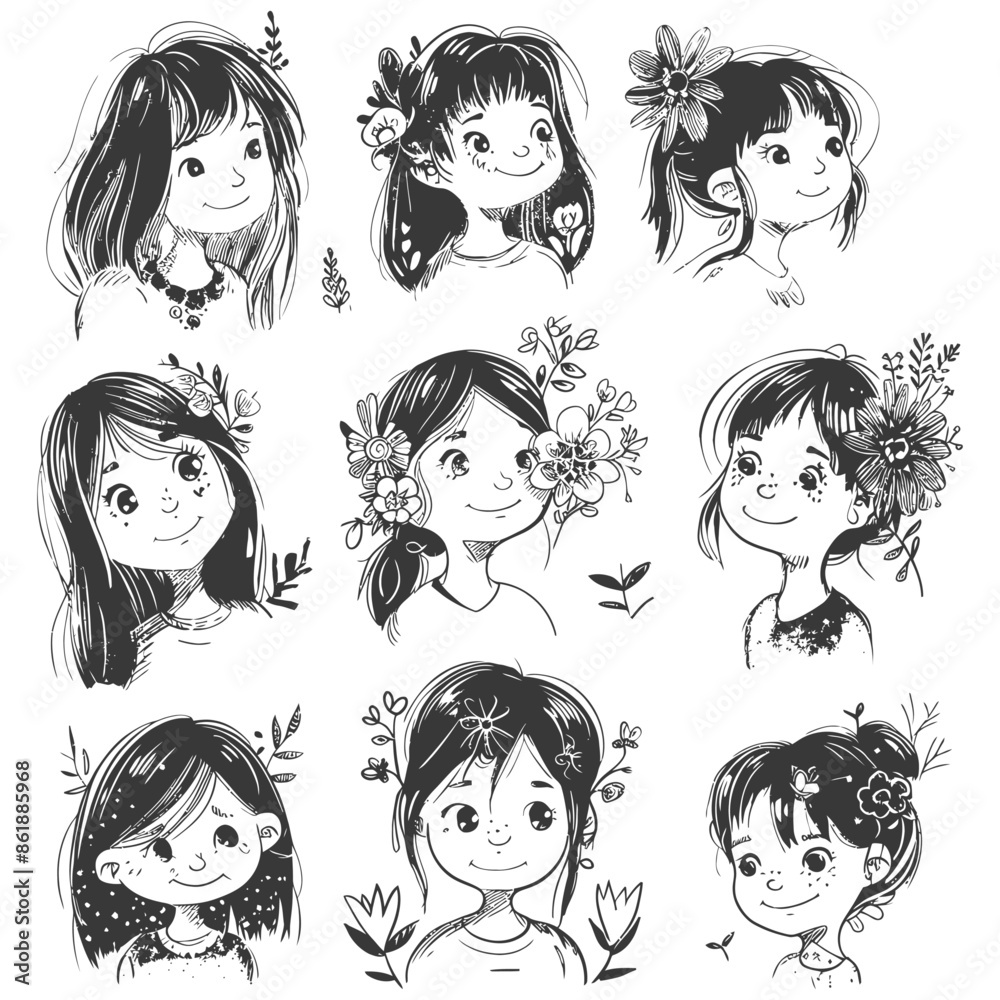 collection set hand drawn doodle cute girl with engraving style black color only collection set hand drawn doodle cute girl with engraving style black color only