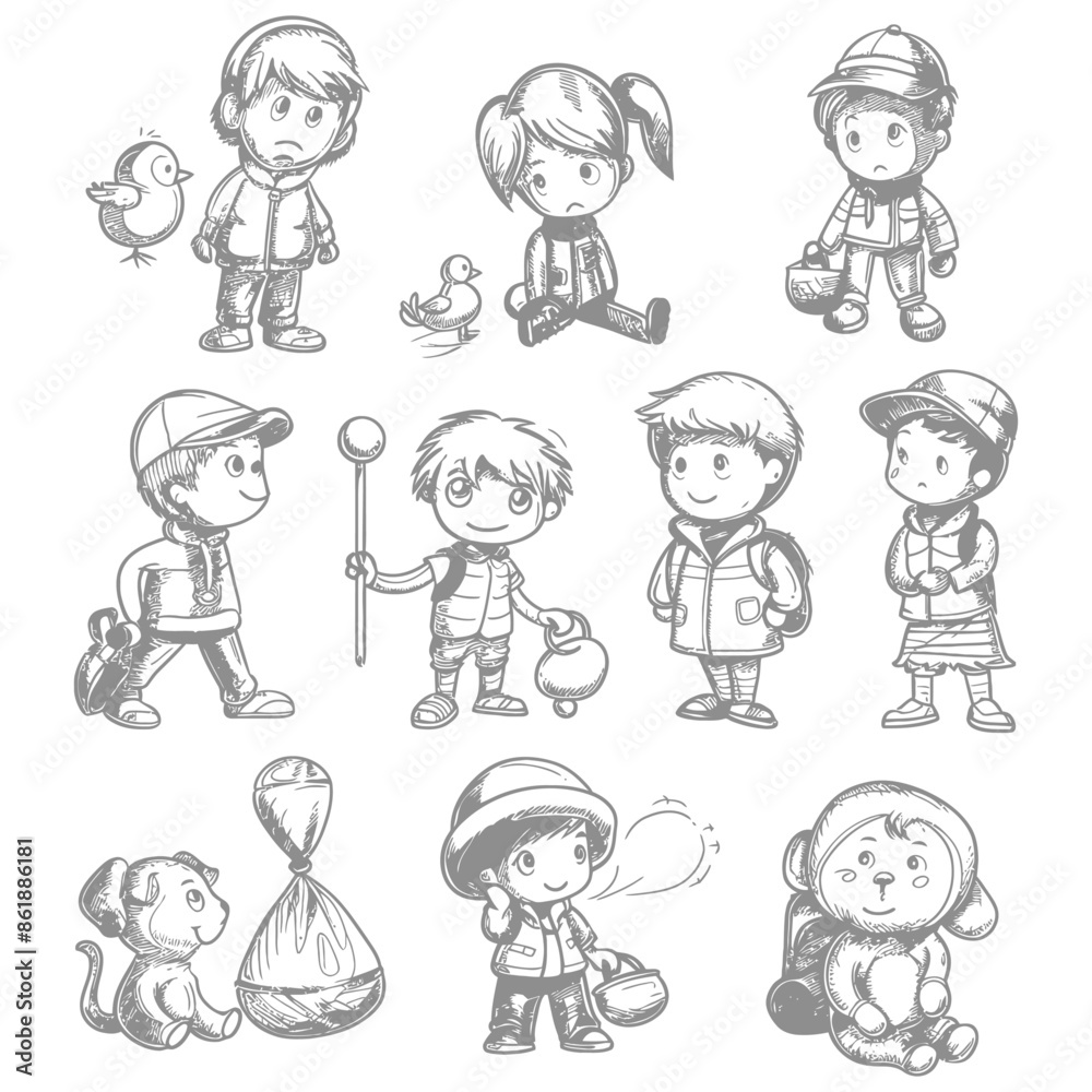 collection set hand drawn doodle cute kid with engraving style black color only collection set hand drawn doodle cute kid with engraving style black color only