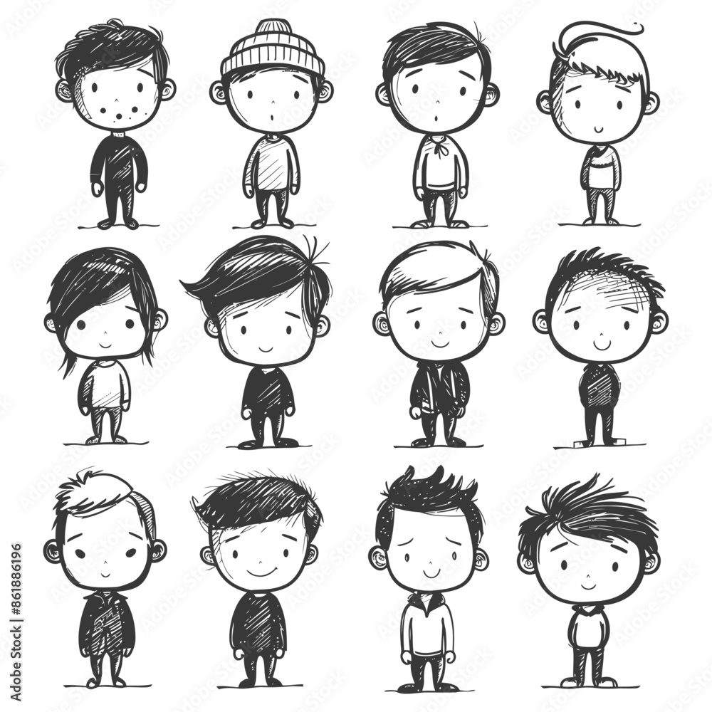collection set hand drawn doodle cute man with engraving style black color only collection set hand drawn doodle cute man with engraving style black color only