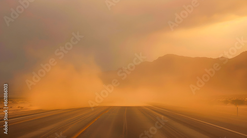 Blinding dust storm sweeps across desert highway, obscuring vision and creating dangerous driving conditions.