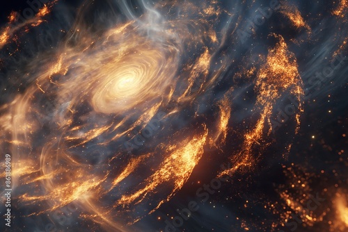Realistic visualization of early galaxy formation with bright swirling golden and orange gases