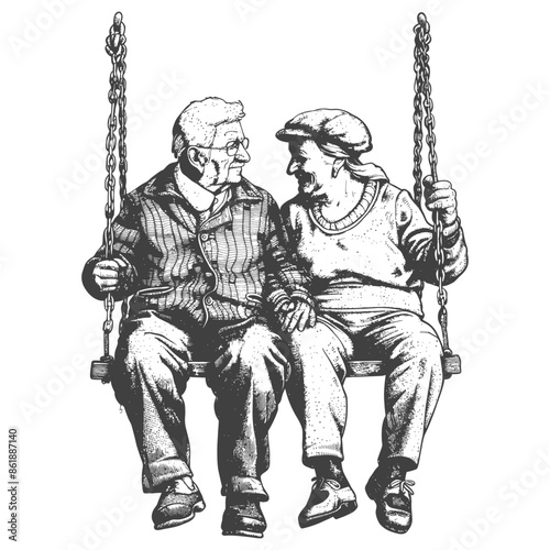 elderly couple sitting on a swing with engraving style black color only