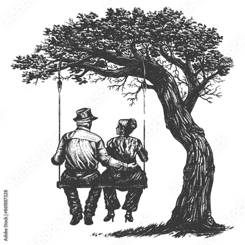 elderly couple sitting on a swing on the tree with engraving style black color only