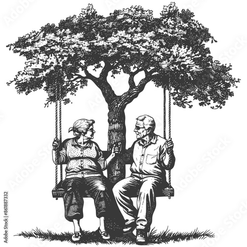 elderly couple sitting on a swing on the tree with engraving style black color only