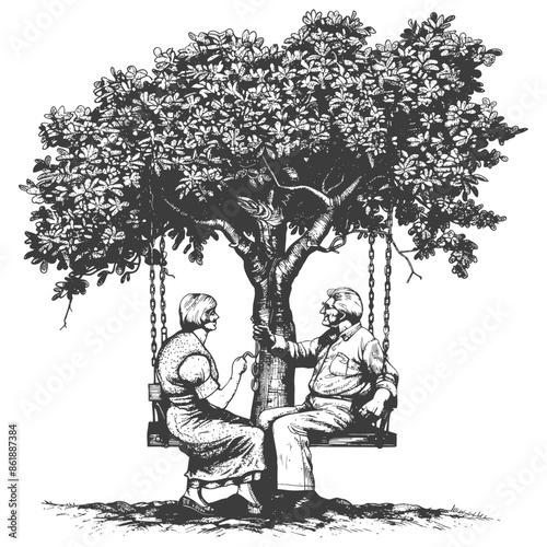 elderly couple sitting on a swing on the tree with engraving style black color only