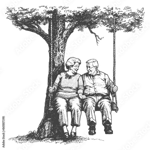Elderly couple on tree swing, pen and ink drawing, nostalgic romance.