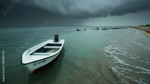 Wallpaper Mural Small fishing boats moored on calm sea under dark storm clouds Torontodigital.ca