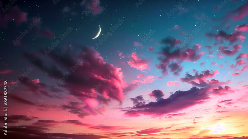 Pastel gradient sky with a crescent moon rising Pastel gradient sky with a crescent moon rising