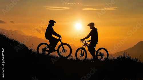 silhouette of two cyclist on the sunset
