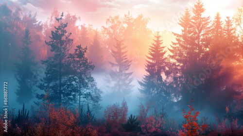 Subtle pastel gradients over an autumn forest
