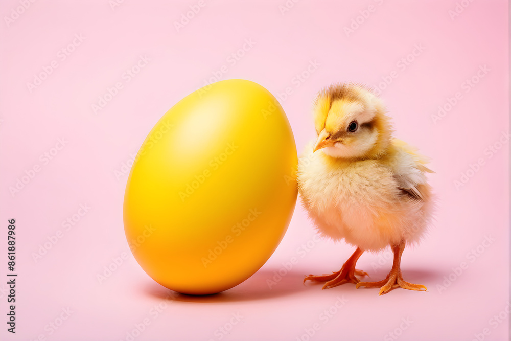 chicken and egg, yellow easter egg with baby chick on a pastel pink background chicken and egg, yellow easter egg with baby chick on a pastel pink background