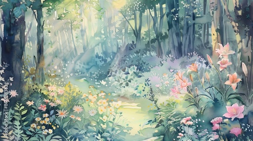Fototapeta Naklejka Na Ścianę i Meble -  A watercolor painting depicting a sunlit forest path with pink lilies and various wildflowers in bloom