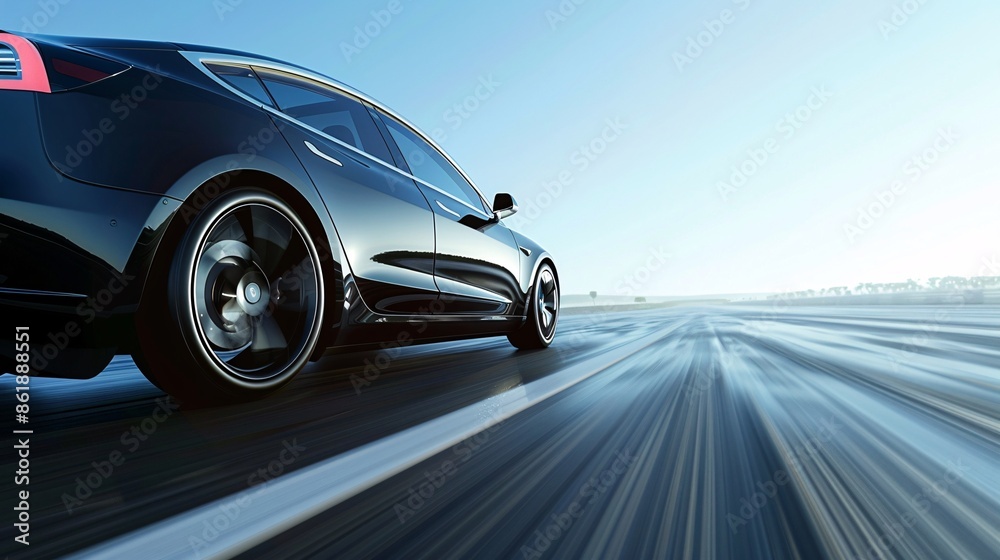 Modern Electric Car Driving at High Speed on a Straight Road with Clear Sky, Generative AI Modern Electric Car Driving at High Speed on a Straight Road with Clear Sky, Generative AI