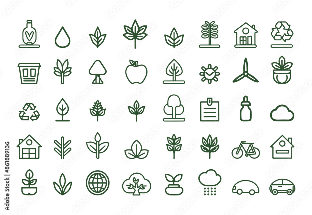 Eco icons set. Environmental sustainability symbols. Eco-friendly items. Recycling, renewable energy, conservation. Simple outline vector collection Eco icons set. Environmental sustainability symbols. Eco-friendly items. Recycling, renewable energy, conservation. Simple outline vector collection