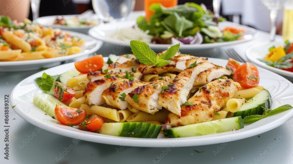 A close-up of a plate of grilled chicken pasta salad with cucumber and tomatoes A close-up of a plate of grilled chicken pasta salad with cucumber and tomatoes