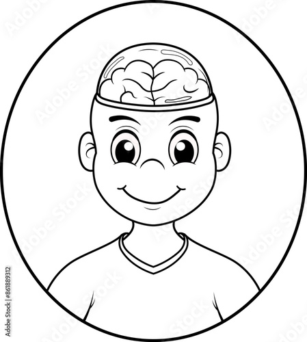 Un niño con cráneo de cristal por el cual se puede ver el cerebro, ilustración para clases de biologia para niños, ilustracion vectorial en blanco y negro.