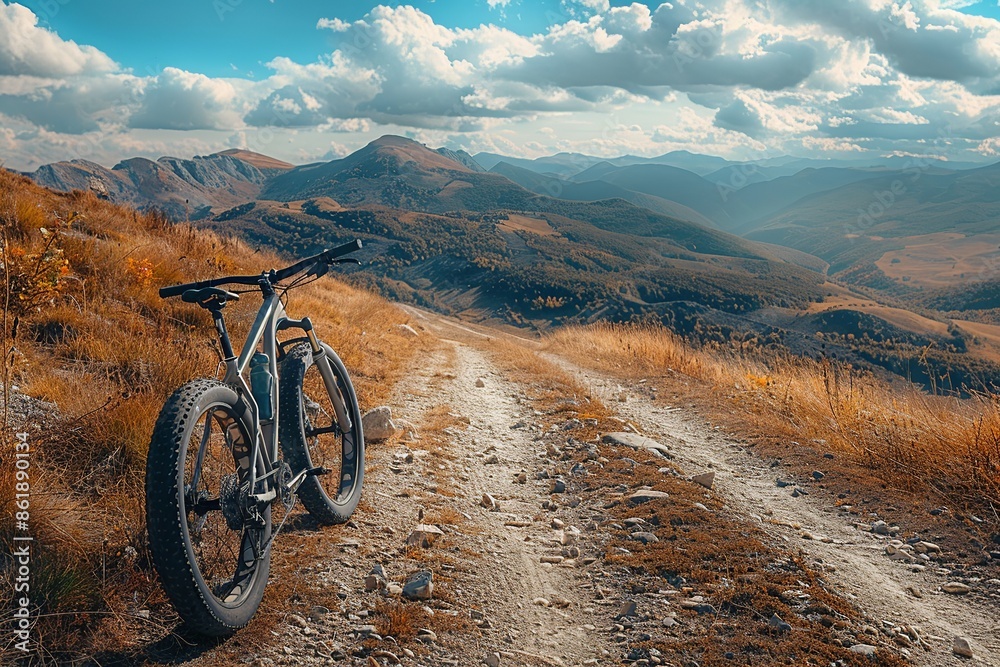 Fototapeta premium Experience the adrenaline rush in this action-packed illustration of multiple mountain bikers speeding along a dirt road amidst towering tree-covered mountains