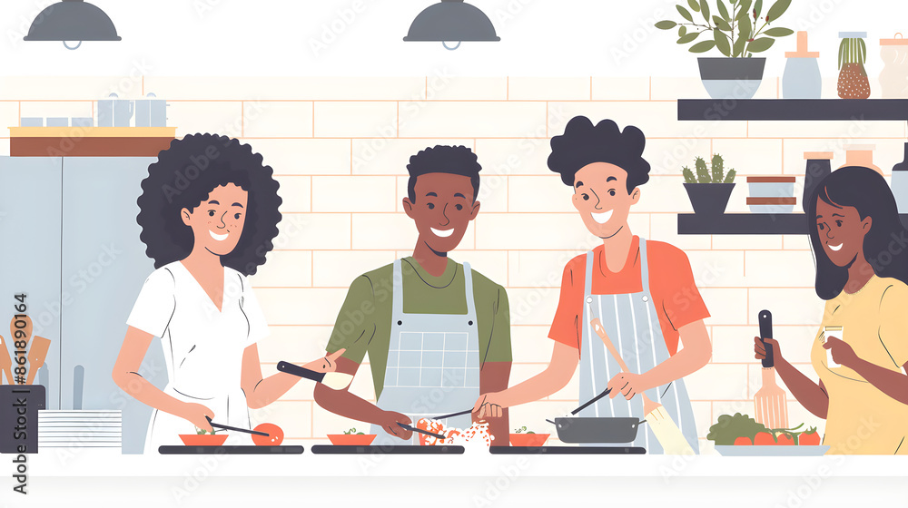 A multicultural family joyfully cooks in their kitchen, sharing laughs and creating delicious food. A multicultural family joyfully cooks in their kitchen, sharing laughs and creating delicious food.
