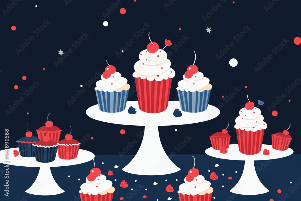 Illustration of dessert table with red, white, blue cupcakes for Illustration of dessert table with red, white, blue cupcakes for