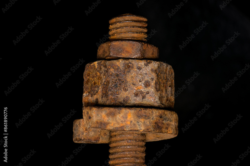 rusty nut. Rusty iron rod with screw threads. Rusted mechanical components. threaded bolt and nut isolated. dismantling concept, difficult to unscrew, non-removable. close-up rusty nut. Rusty iron rod with screw threads. Rusted mechanical components. threaded bolt and nut isolated. dismantling concept, difficult to unscrew, non-removable. close-up
